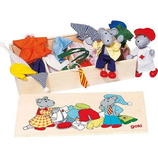 Personalisierbare Biegepuppen Mause Klamottenkiste, Mia & Luca mit Anziehsachen Kinderspielzeug Holzspielzeug Puppen Baby