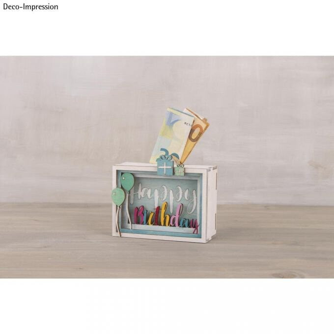 Spardose Holz 3D Geschenkbox Birthday, FSCMixCred, 11, 5x8, 5x5cm, 14 -teilig Bausatz, Box 1Set, natur liebe