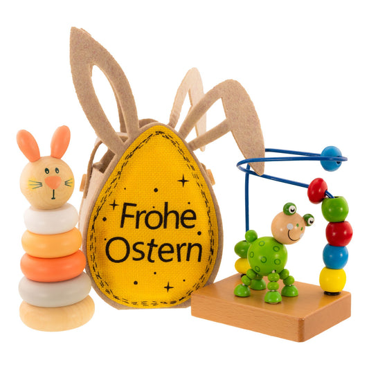 Osterhase Pastell Gelb Ostergeschenk mit Tasche und Motorikschleifer 3 Teilig Kinderspielzeug ab 1 Jahr