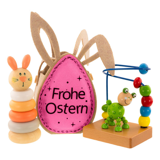 Osterhase Pastell Rosa Ostergeschenk mit Tasche und Motorikschleifer 3 Teilig Kinderspielzeug ab 1 Jahr