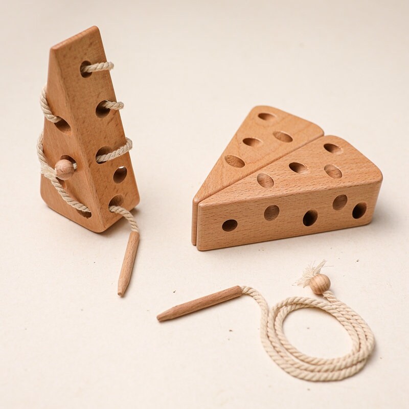 Fädelspiel Holz Käse Maus als Faden Spielzeug Kinder ab 3 Jahren Holzspielzeug Motorik Massiv Buchenholz