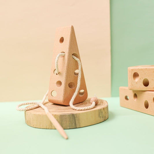 Fädelspiel Holz Käse Maus als Faden Spielzeug Kinder ab 3 Jahren Holzspielzeug Motorik Massiv Buchenholz