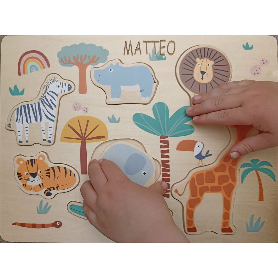 Legler Setzpuzzle Holz Tiere JETZT NEU Personalisiert gelasert Setzpuzzle Holz  Wildtiere Löwe Zebra Puzzle für Kinder Holzspielzeug Steckpuzzle Maße: ca. 30 x 22 x 1 cm