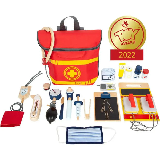 Holz Arztkoffer mit Spielzeugmedizin, 112 Notfalltasche, Toy Award 2022, ideal als Geschenk für Kinder