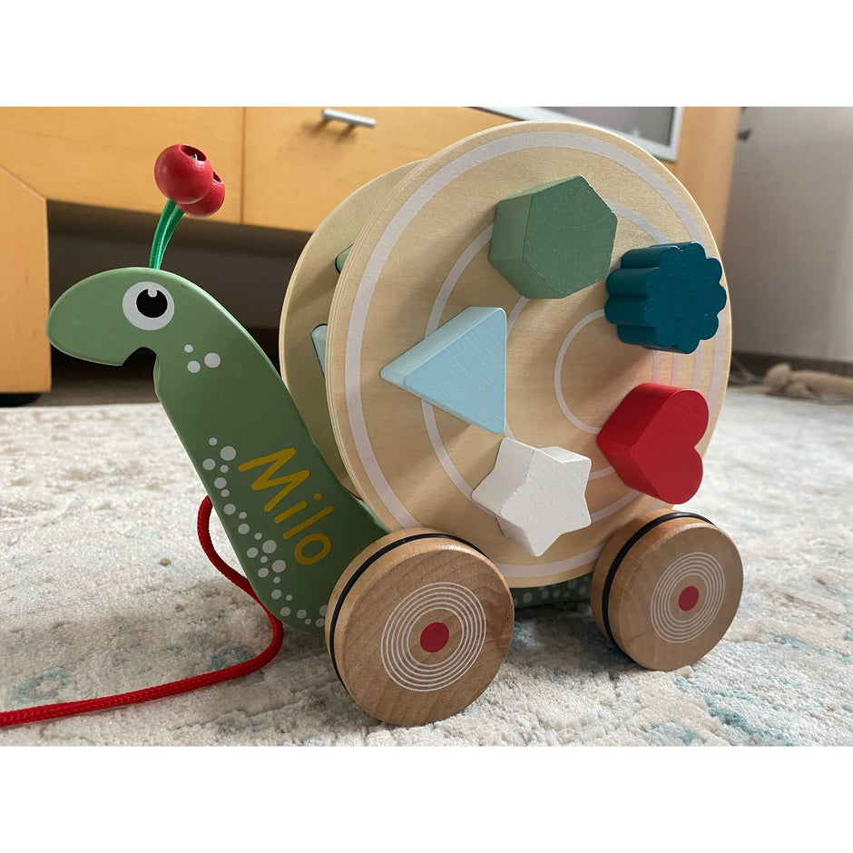small foot Personalisiert Nachzieh Super Schnecke aus Holz mit Bauklötzen Kinderspielzeug ab 1 Jahre